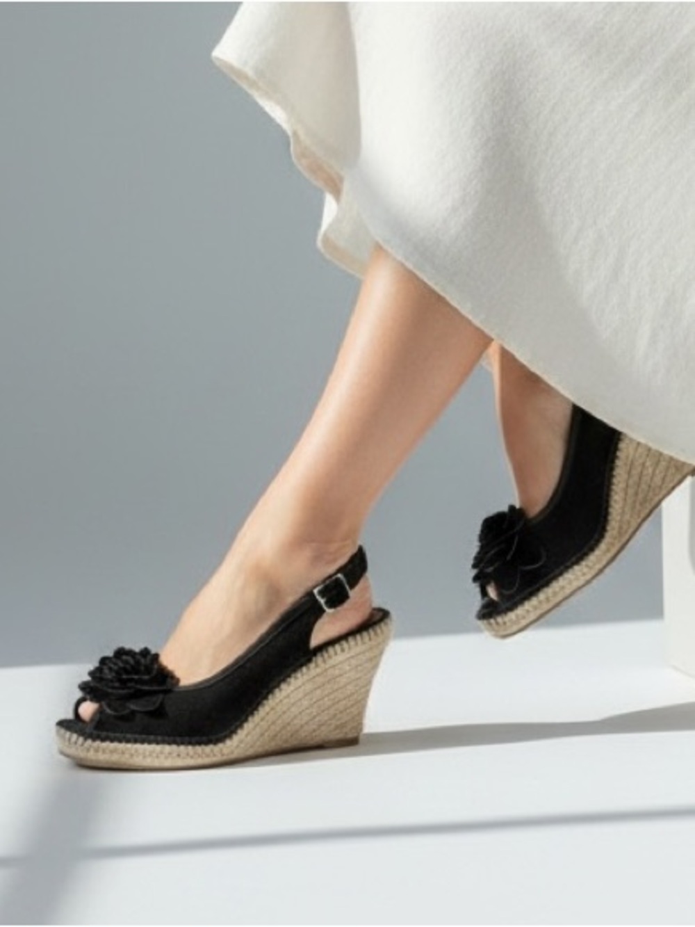 Bandolino Black Suede Espadrille Wedges with Floral Accent 8